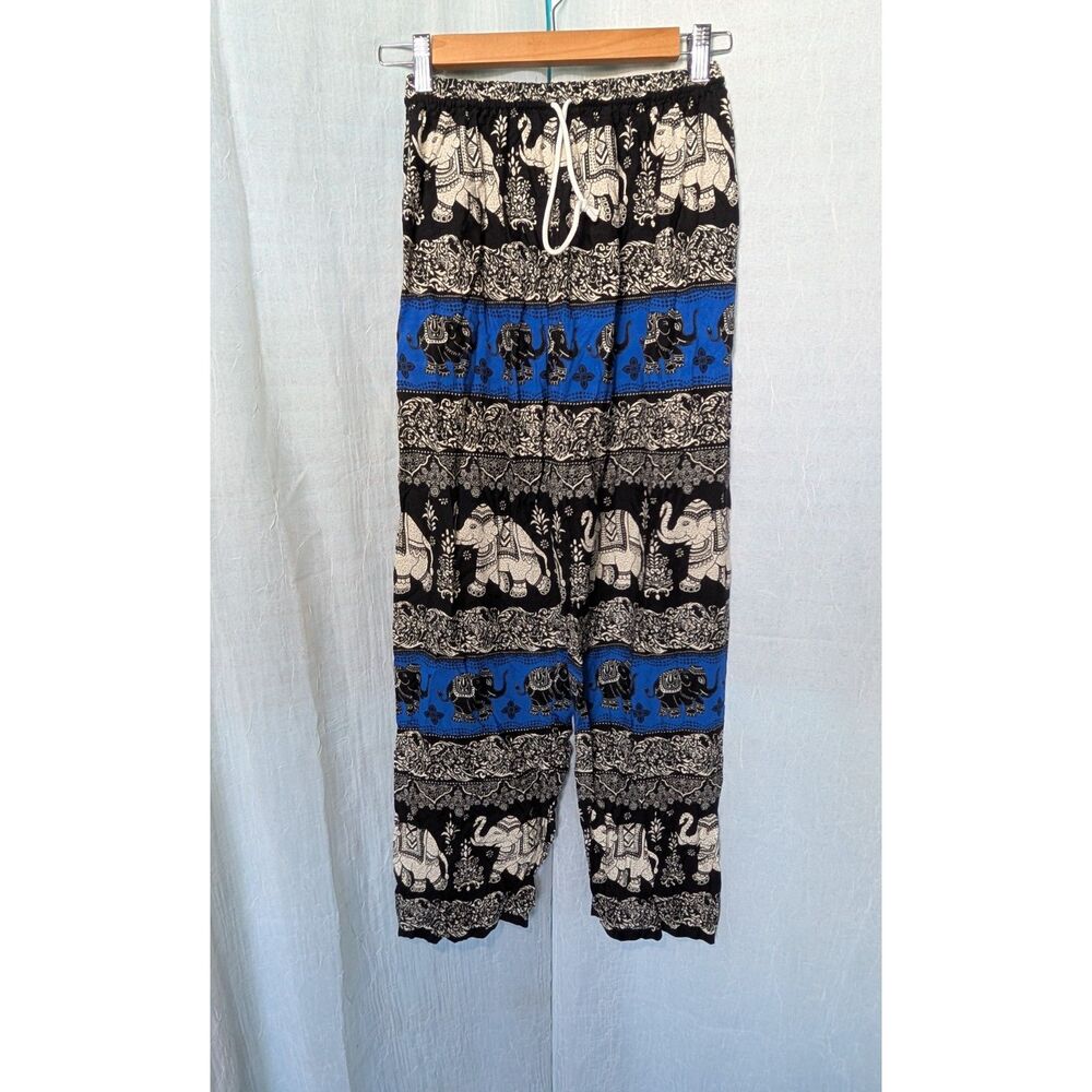 Vintage Boho Elephant Harem Pants Blue Black Hippie Lounge Trousers size S/M